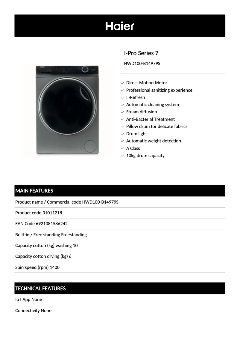 Page 1 de la notice Fiche technique Haier I-Pro Series 7 HWD100-B14979S