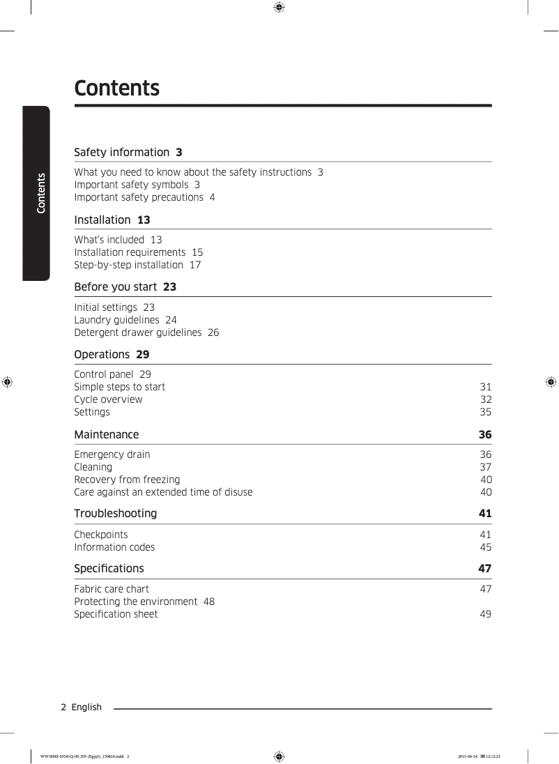 Page 1 de la notice Guide d'installation Samsung WW70J3260GX1