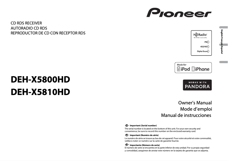 Page 1 de la notice Manuel utilisateur Pioneer DEH-X5800HD