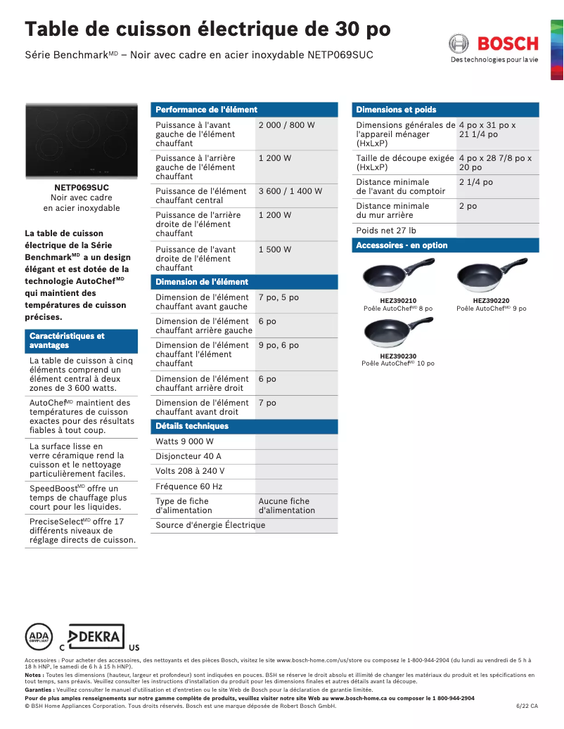Page 1 de la notice Fiche technique Bosch NETP069SUC