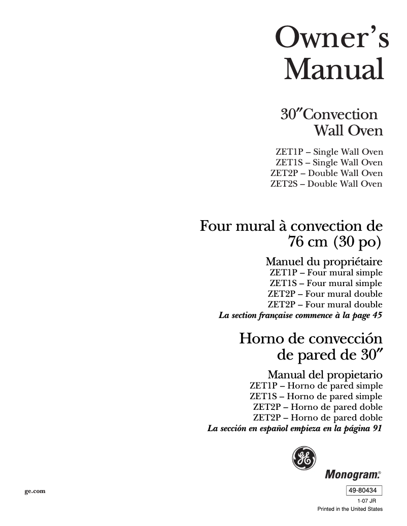 Página 1 del manual Manual de uso y mantenimiento GE ZET2SLSS