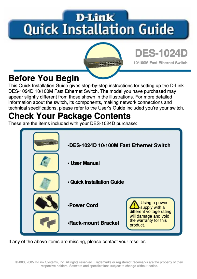 Page n°1 - Guide d'installation D-Link DES-1024D