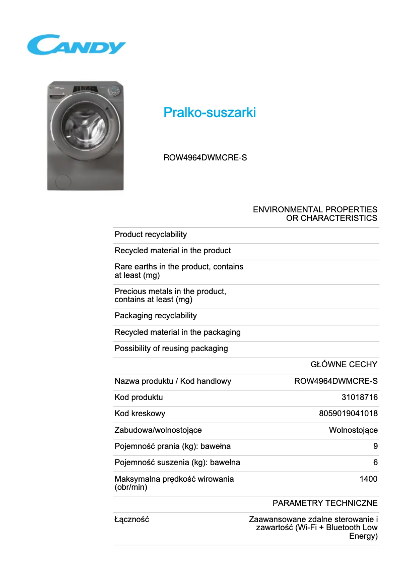 Page 1 de la notice Fiche technique Candy ROW4964DWMCRE-S
