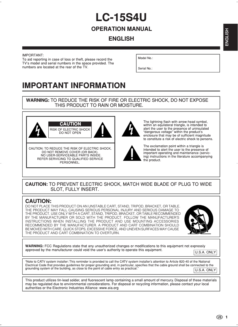 Page n°1 - Manuel utilisateur Sharp Aquos LC-15S4US