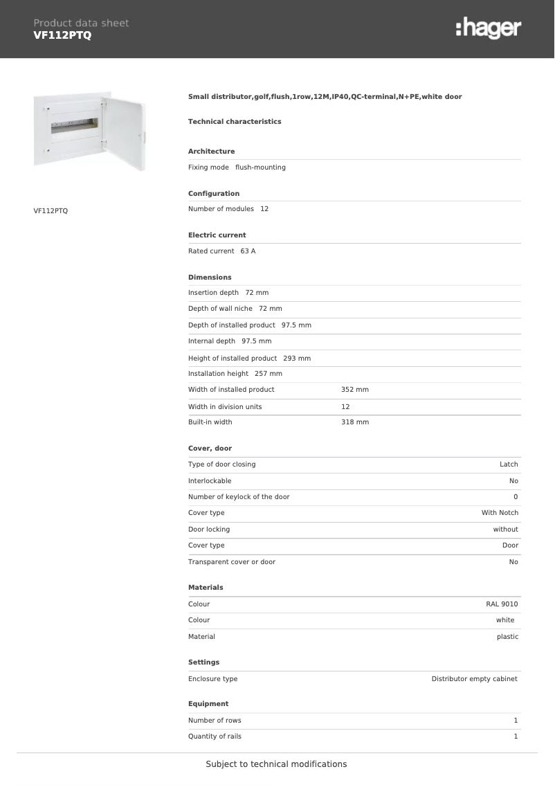 Page n°1 - Fiche technique Hager VF112PTQ
