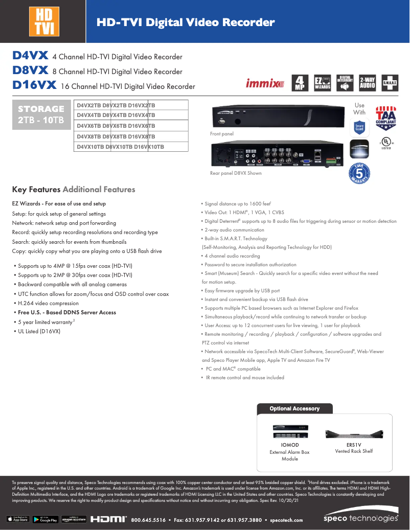 Page 1 de la notice Fiche technique Speco Technologies D4VX