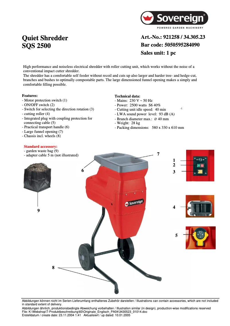 Page 1 de la notice Fiche technique Sovereign SQS 2500