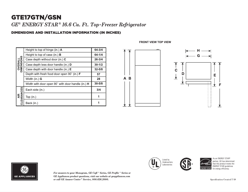 Page 1 de la notice Fiche technique GE GTE17GTNRWW