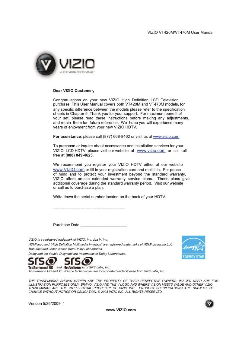 Page n°1 - Manuel utilisateur VIZIO VT420M