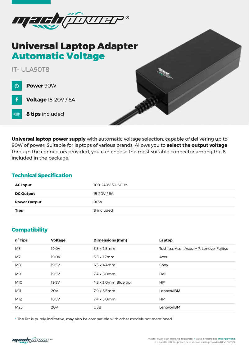 Page 1 of the manual Technical Sheet Mach Power IT-ULA90T8