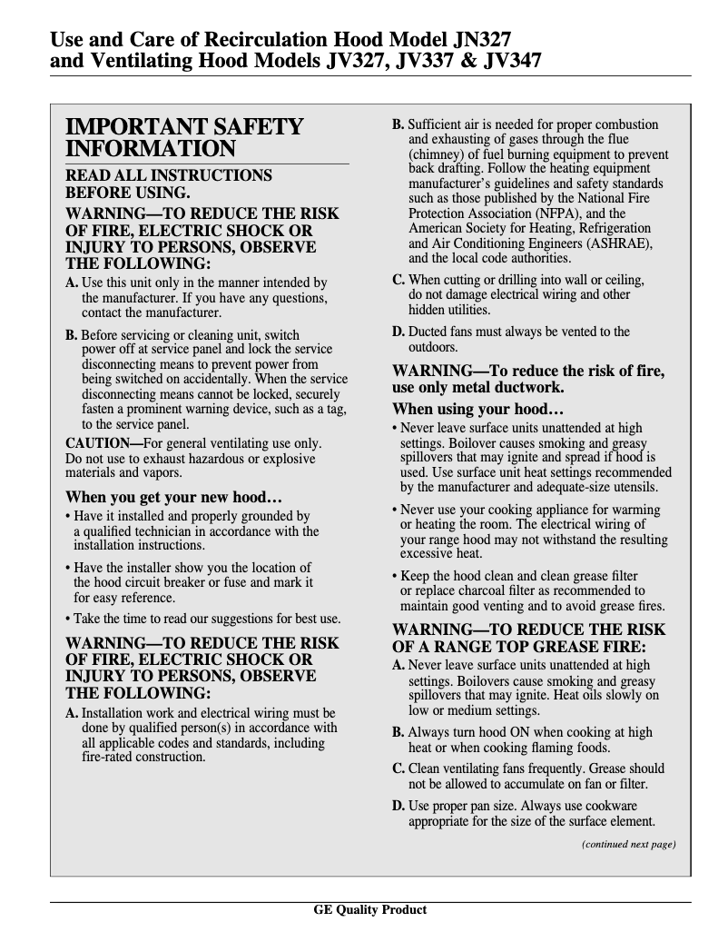 Page 1 of the manual Installation Guide GE JV327XAD