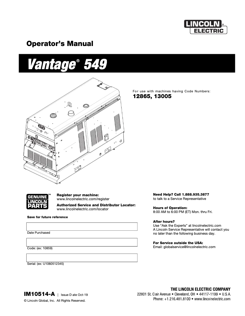 Page 1 de la notice Manuel utilisateur Lincoln Electric Vantage 549