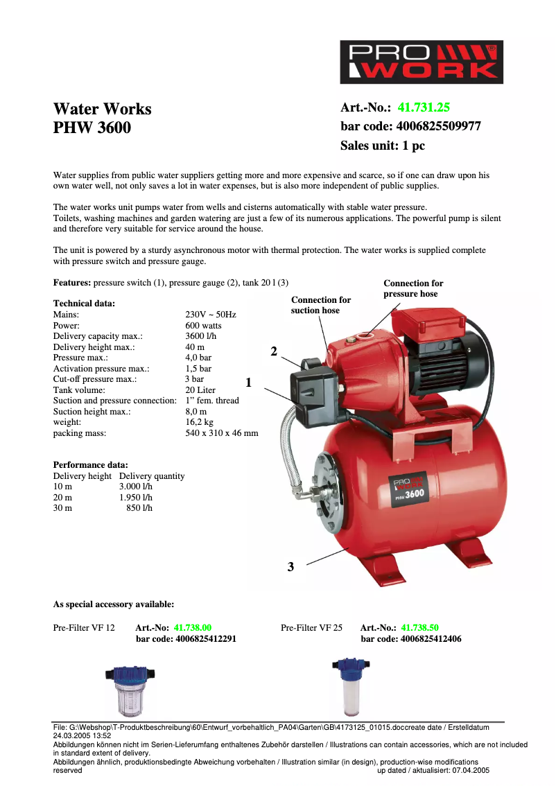 Page 1 de la notice Fiche technique Prowork PHW 3600