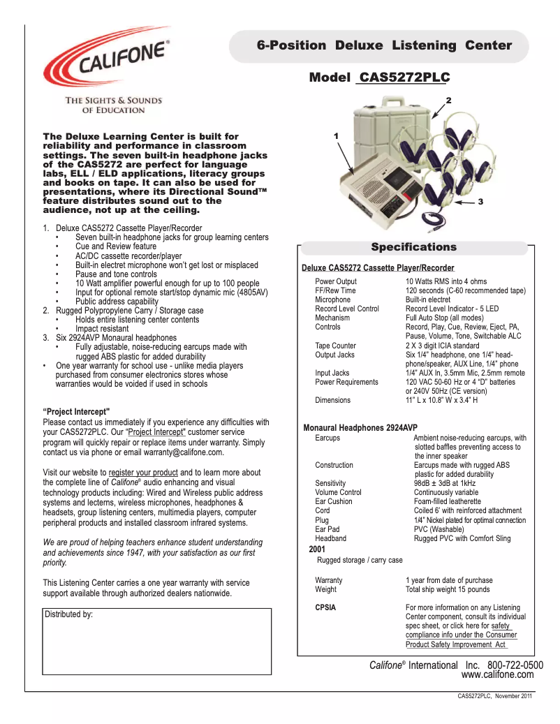 Page n°1 - Manuel utilisateur Califone CAS5272PLC