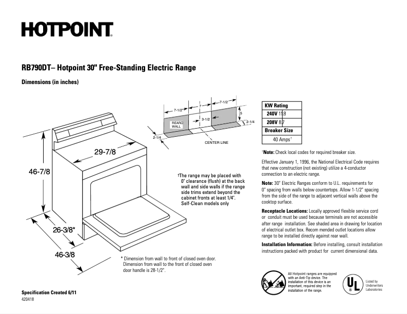 Page 1 de la notice Fiche technique Hotpoint RB790DTBB