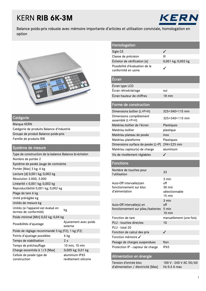 Página 1 del manual Ficha técnica Kern RIB 6K-3M
