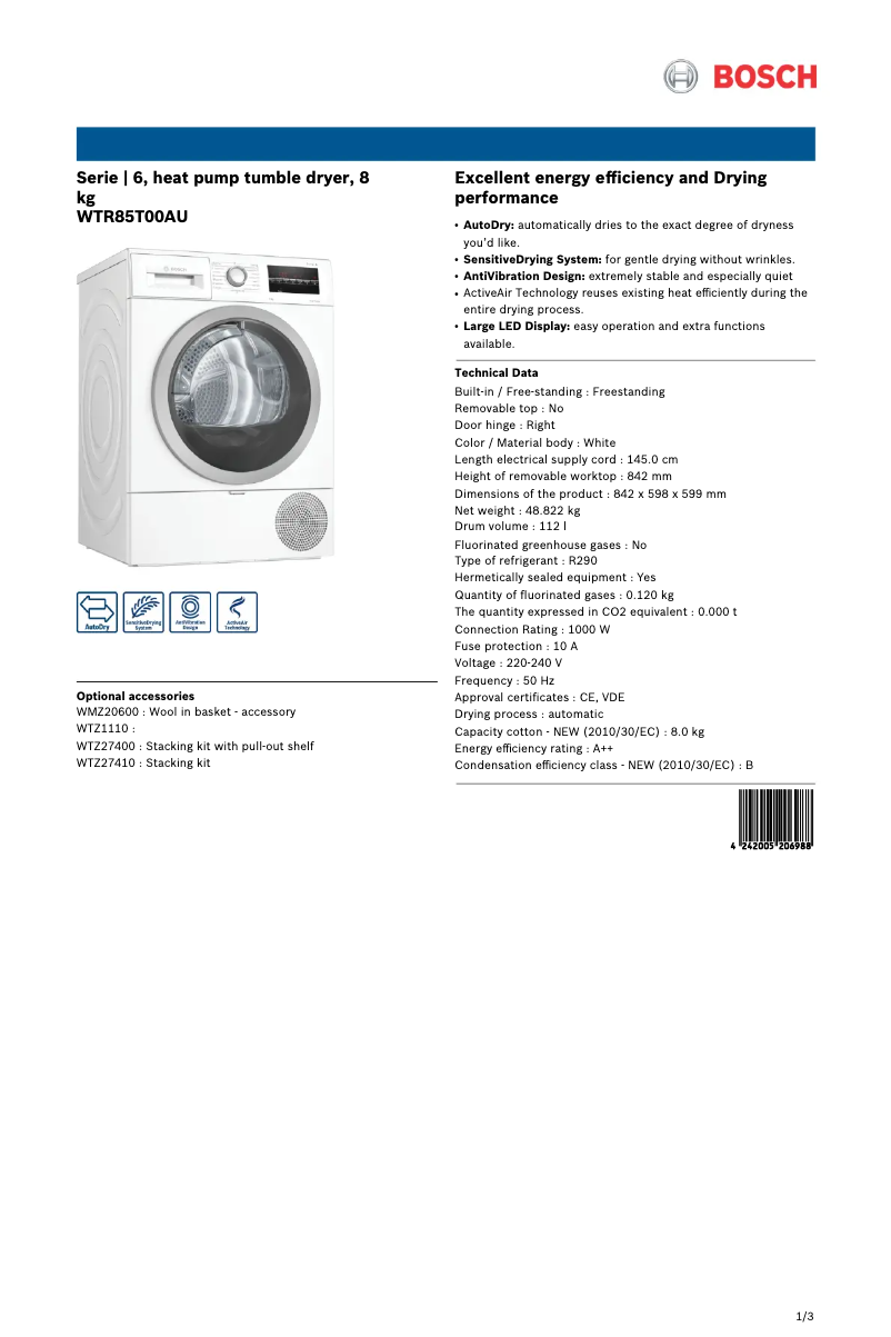 Page 1 de la notice Fiche technique Bosch WTR85T00AU