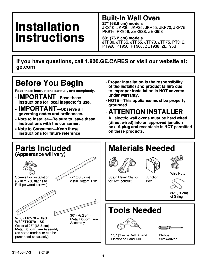 Page n°1 - Guide d'installation GE ZEK938SMSS