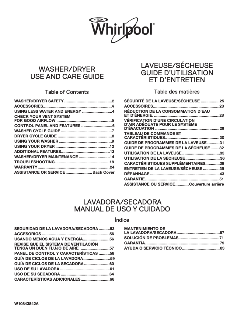 Page n°1 - Manuel d'utilisation et d'entretien Whirlpool WGTLV27F