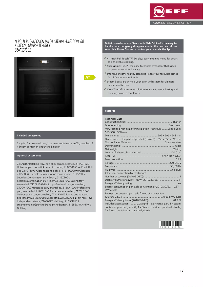 Page 1 de la notice Fiche technique Neff B64FS31G0B