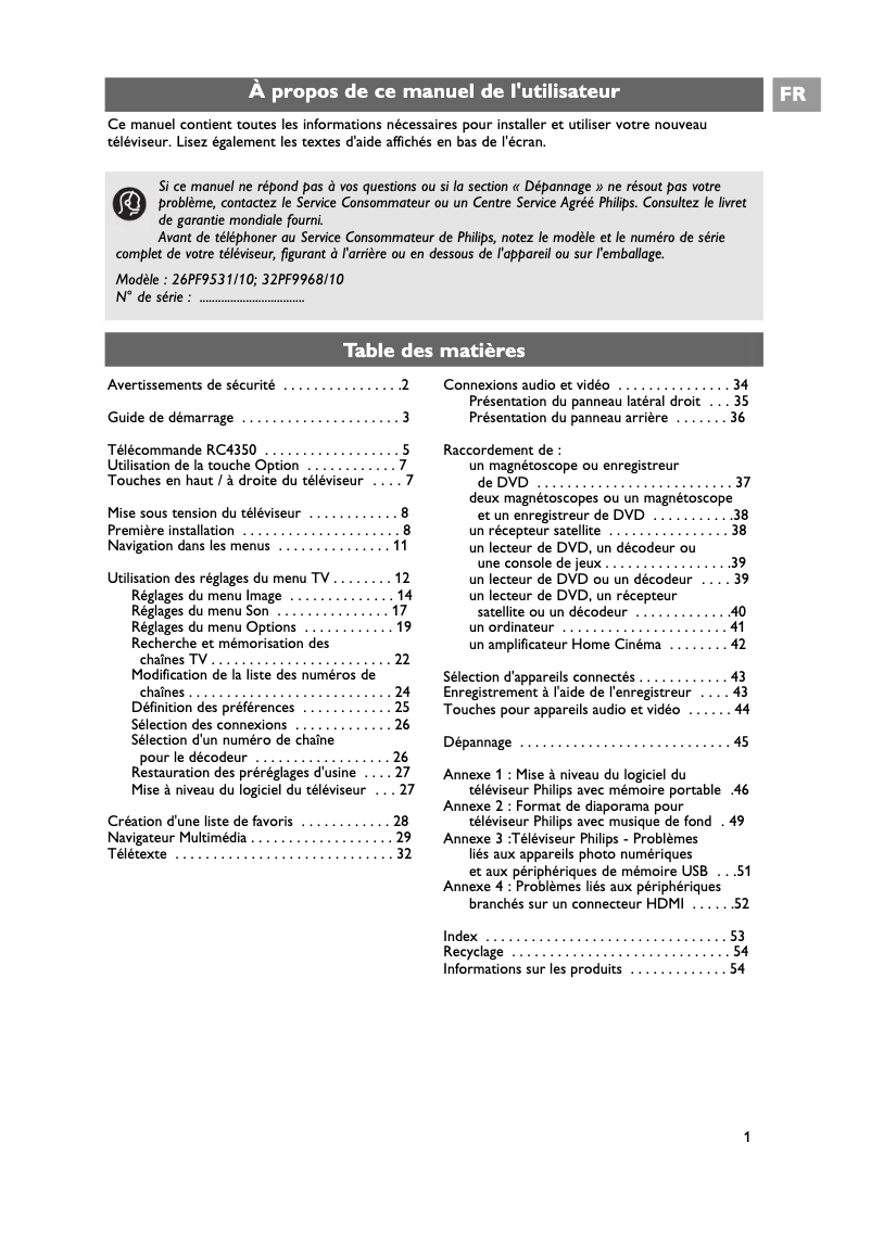 Page 1 de la notice Manuel utilisateur Philips Cineos 26PF9531