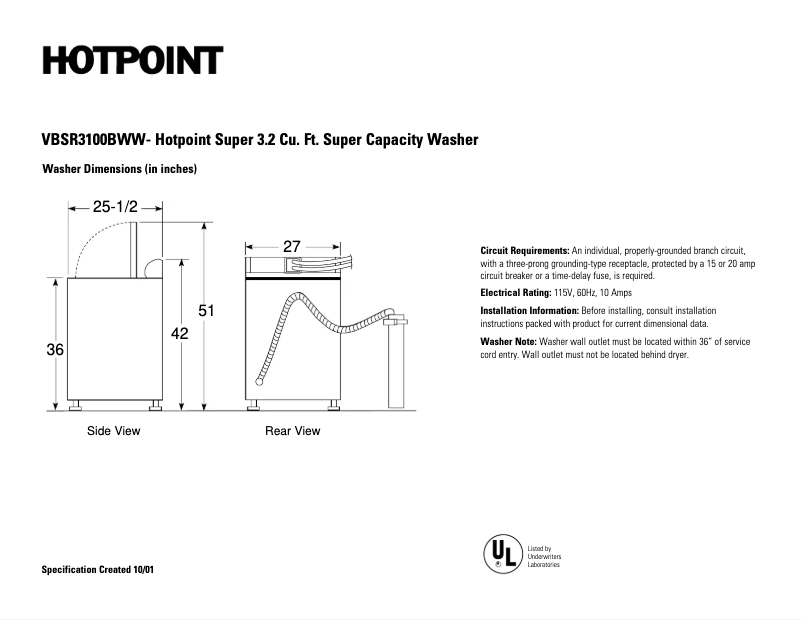 Page 1 de la notice Fiche technique Hotpoint VBSR3100BWW