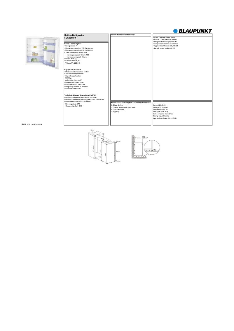 Page 1 de la notice Fiche technique Blaupunkt 5CK221FF0