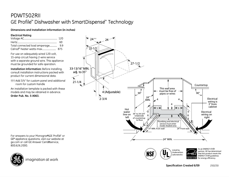 Page 1 de la notice Fiche technique GE Profile PDWT502RII