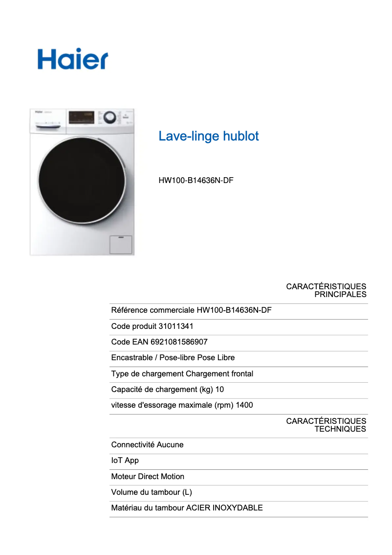 Page 1 de la notice Fiche technique Haier HW100-B14636N