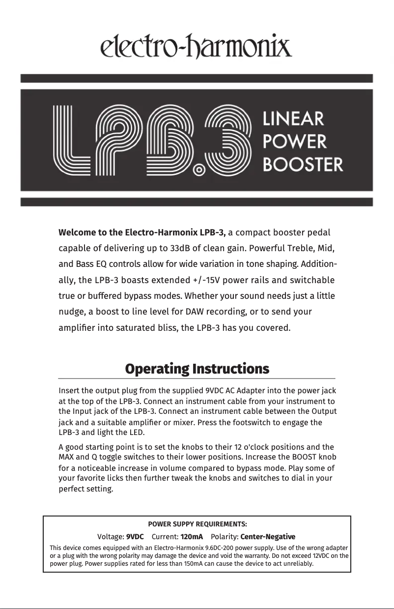 Page 1 de la notice Manuel utilisateur Electro Harmonix LPB-3