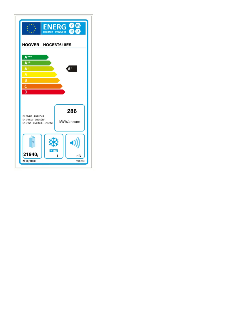 Page n°1 - Label énergétique Hoover HOCE3T618ES