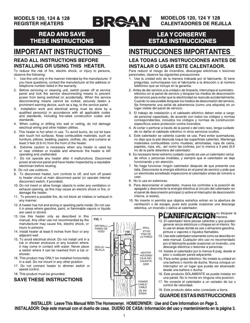 Page 1 de la notice Manuel utilisateur Broan 124