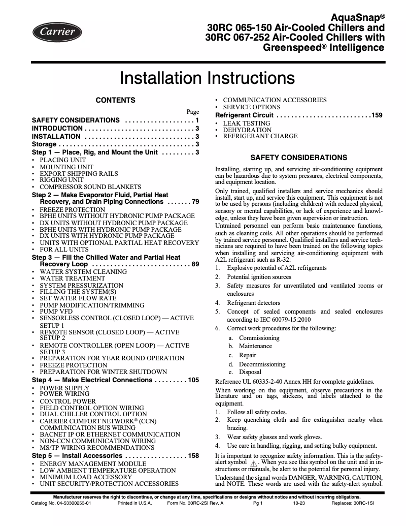 Page 1 de la notice Manuel utilisateur Carrier AquaSnap 30RC