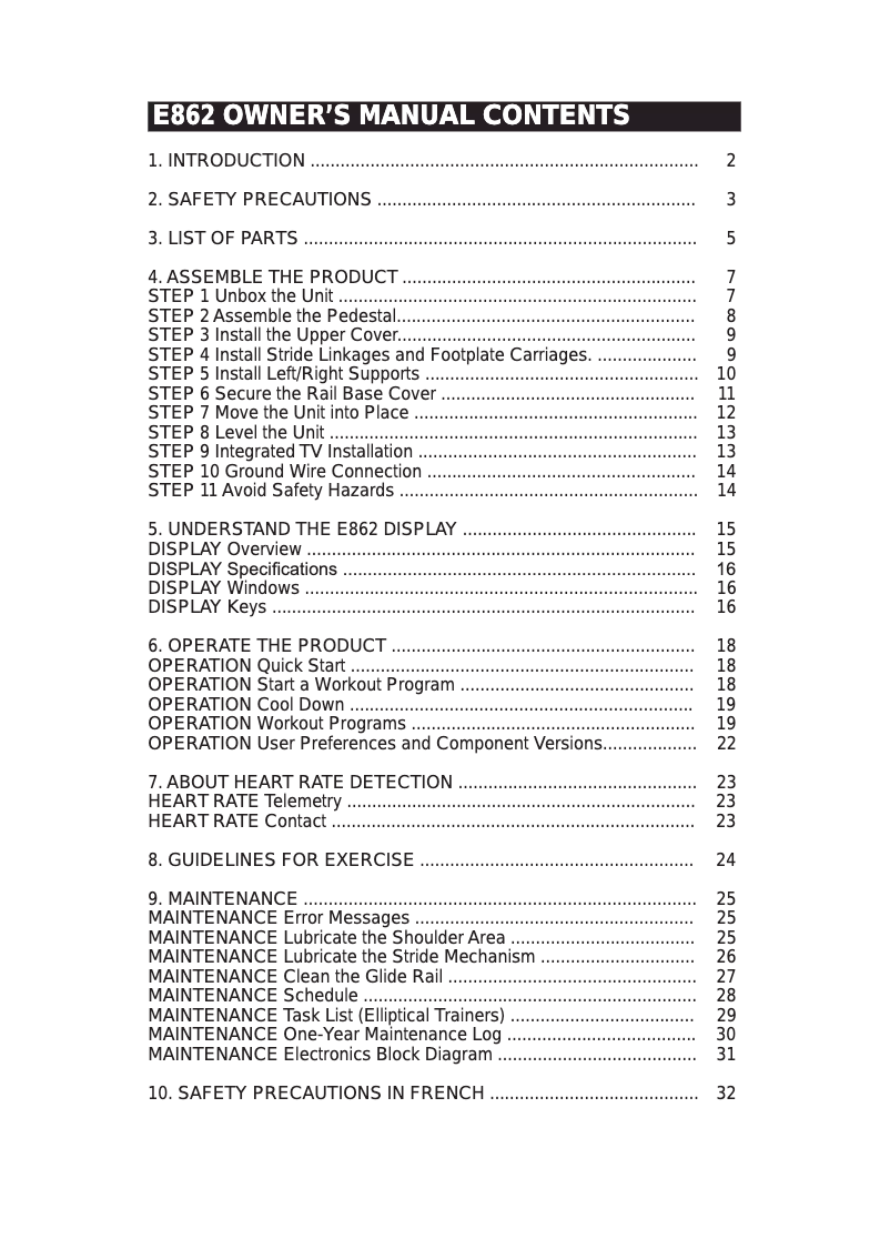 Page 1 de la notice Manuel utilisateur SportsArt E862