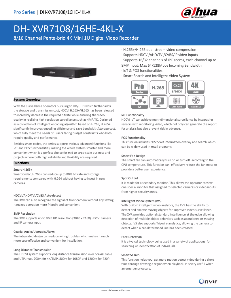 Page n°1 - Fiche technique Dahua Technology XVR7108/16HE-4KL-X
