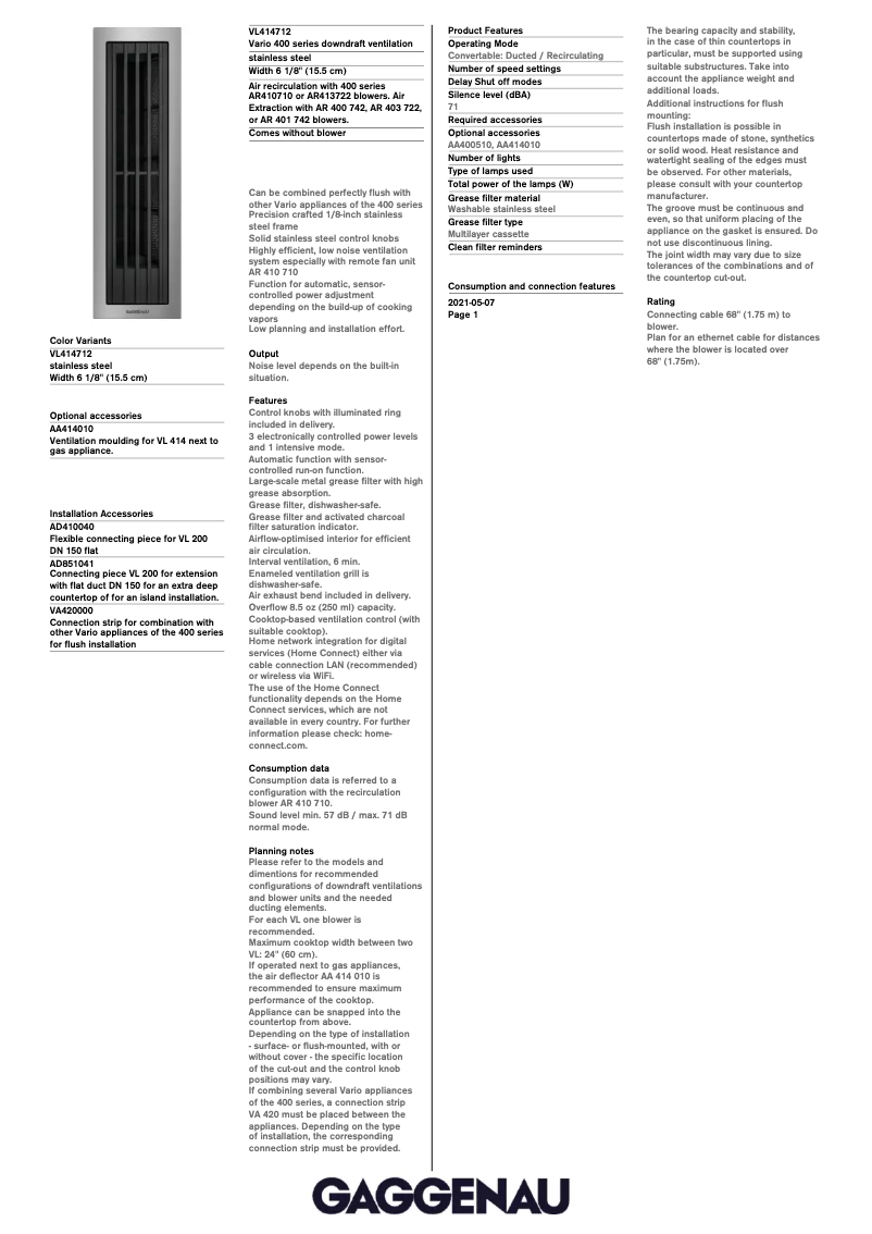 Página 1 del manual Ficha técnica Gaggenau VL414712
