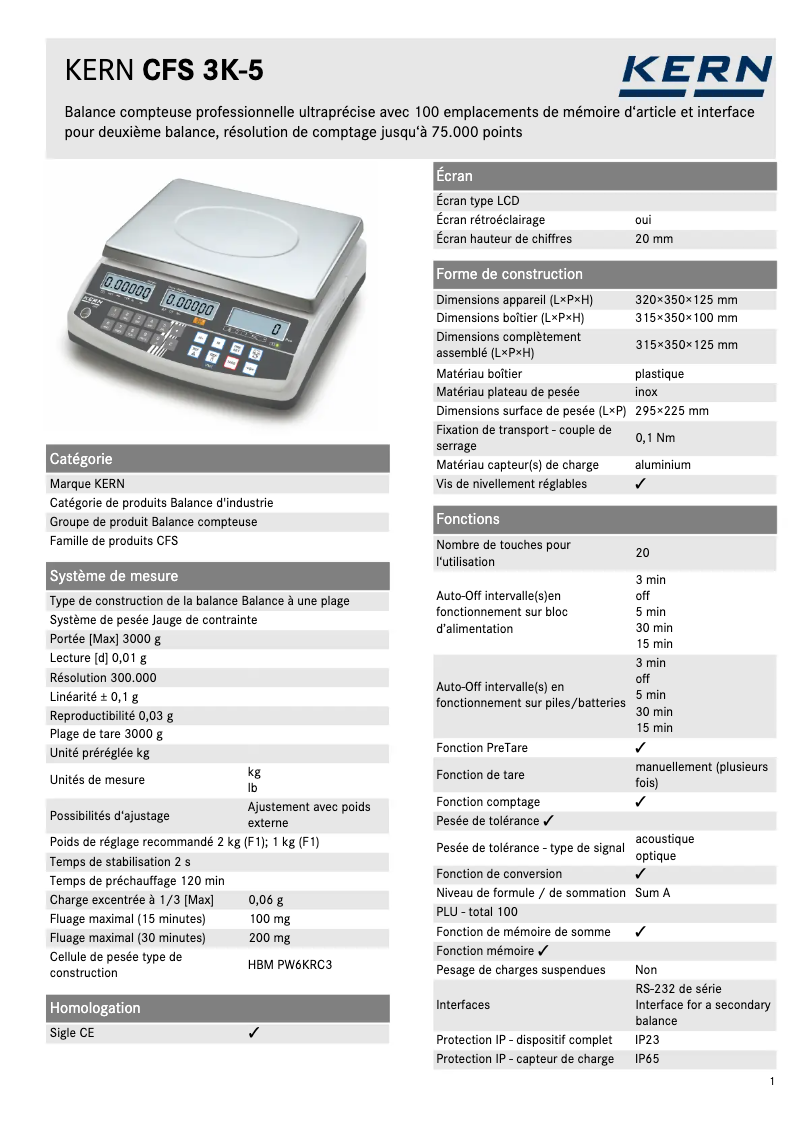 Page 1 de la notice Fiche technique Kern CFS 3K-5