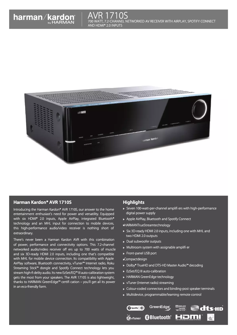 Page 1 de la notice Fiche technique Harman Kardon AVR 1710S