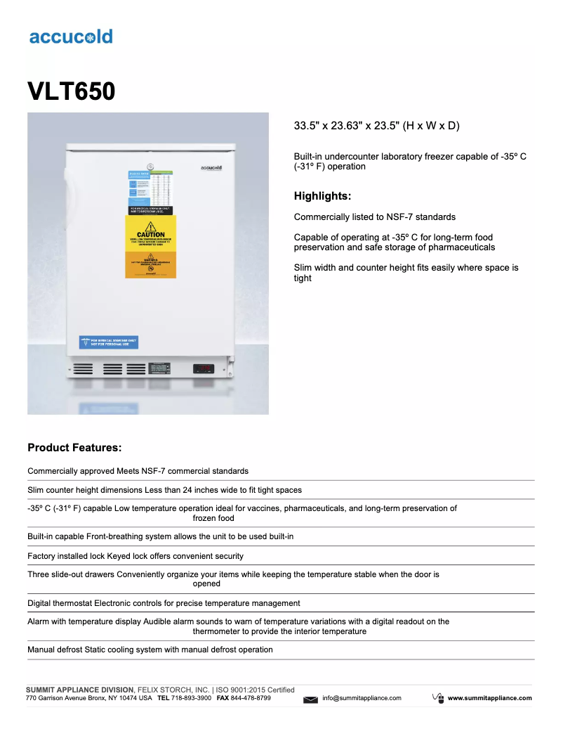 Page 1 de la notice Fiche technique Summit Accucold VLT650