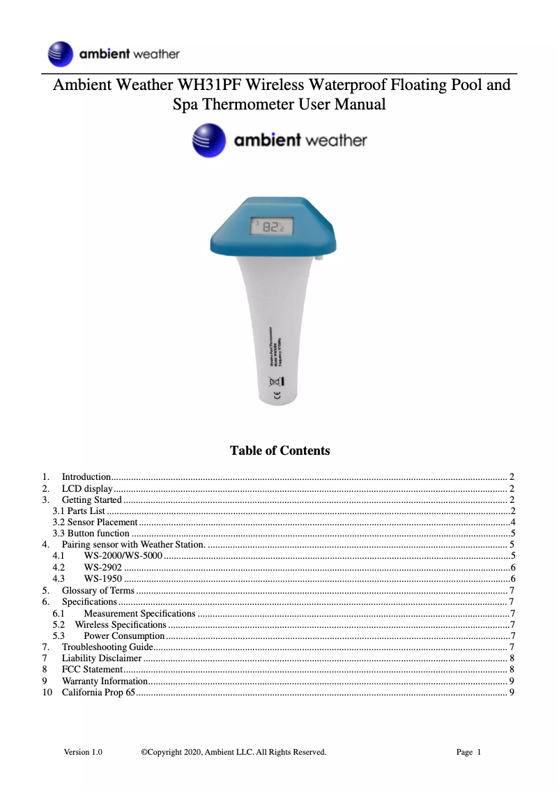 Page 1 de la notice Manuel utilisateur Ambient Weather WH31PF