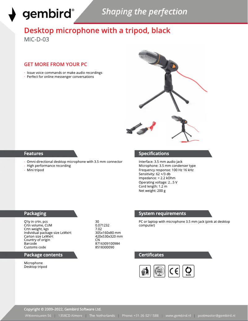 Page 1 de la notice Manuel utilisateur Gembird MIC-D-03
