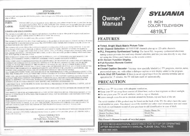 Page n°1 - Manuel utilisateur Sylvania 4819LT