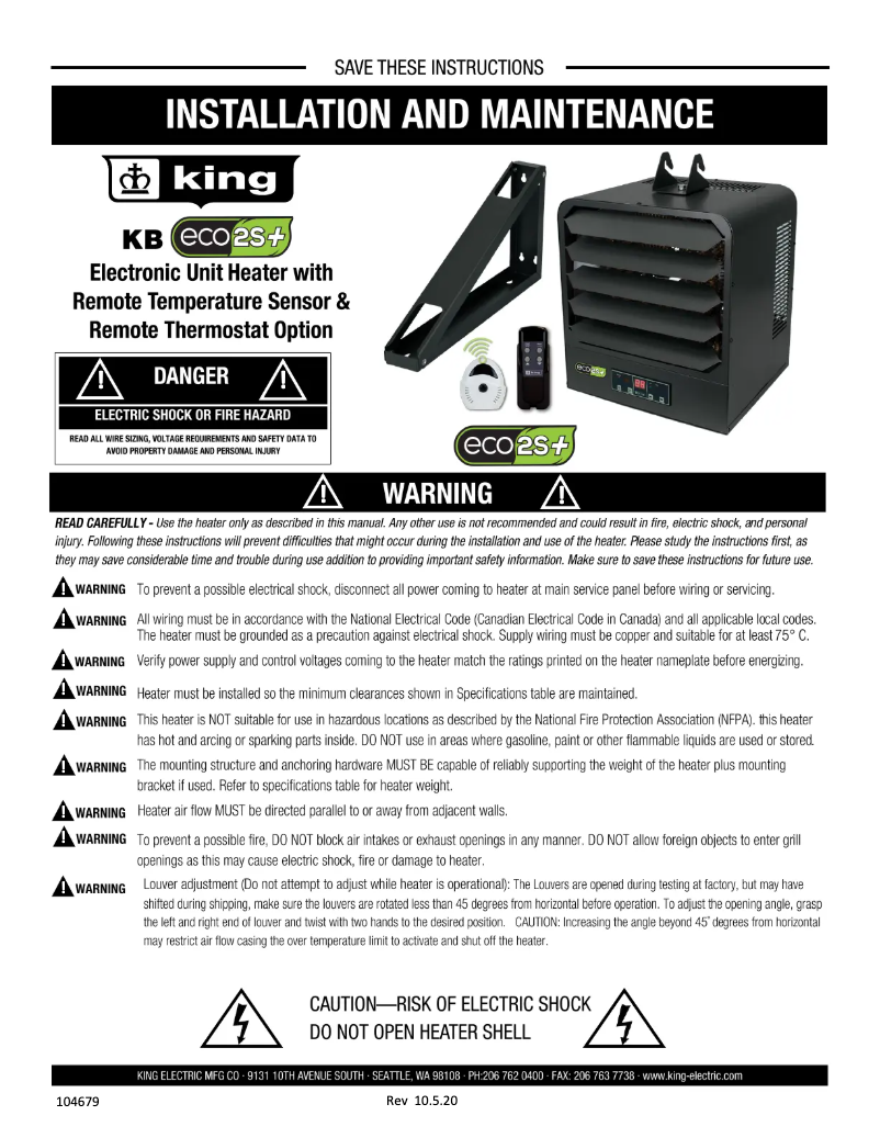 Page 1 de la notice Manuel utilisateur King ECO2S+ KB2405-1-ECO2S-PLUS