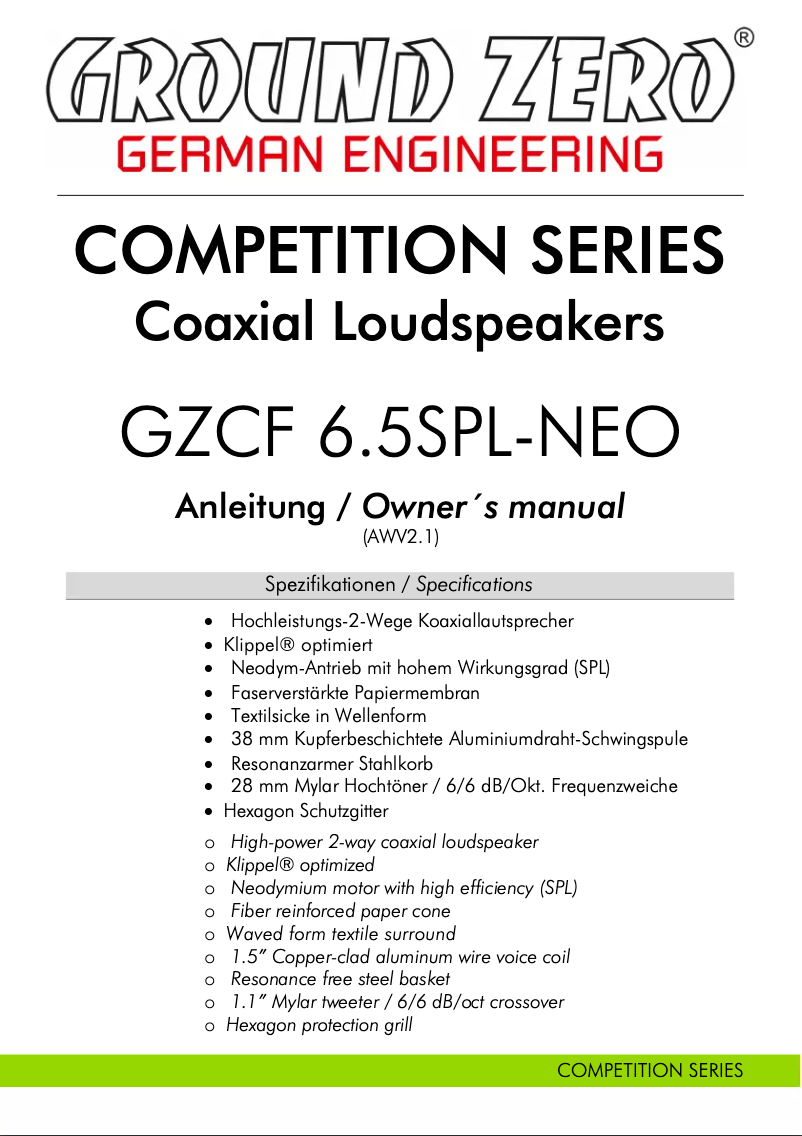 First page image of the manual for GZCF 6.5SPL-NEO