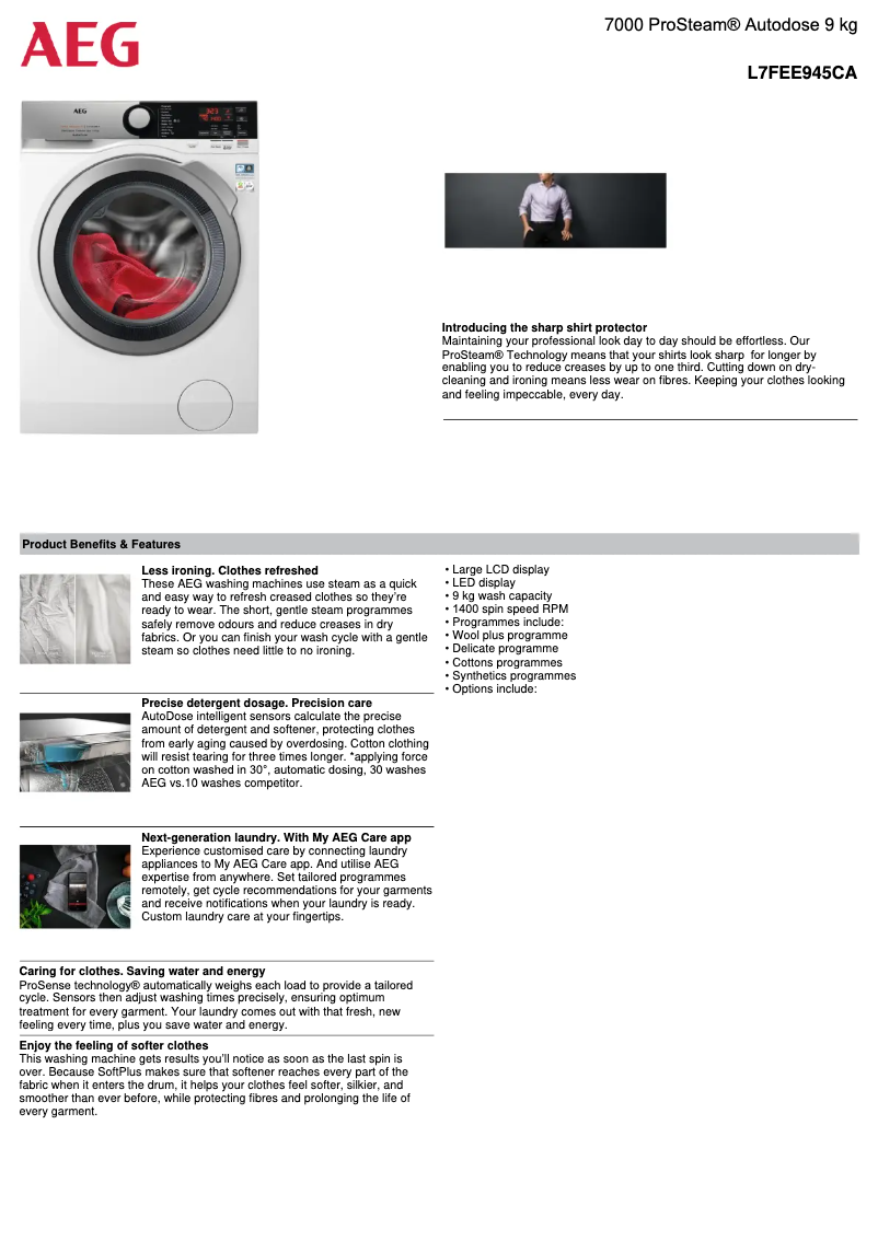 Page 1 de la notice Fiche technique AEG L7FEE945CA