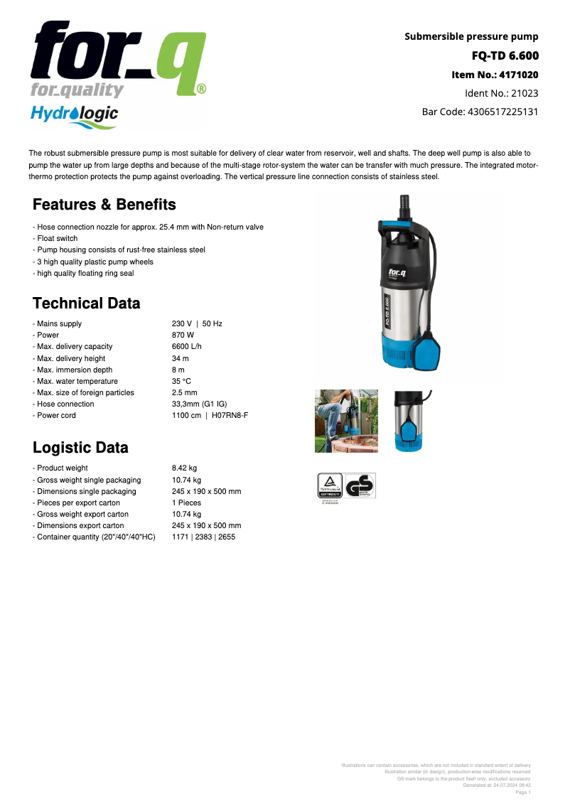 Page 1 de la notice Fiche technique For_Q FQ-TD 6.600