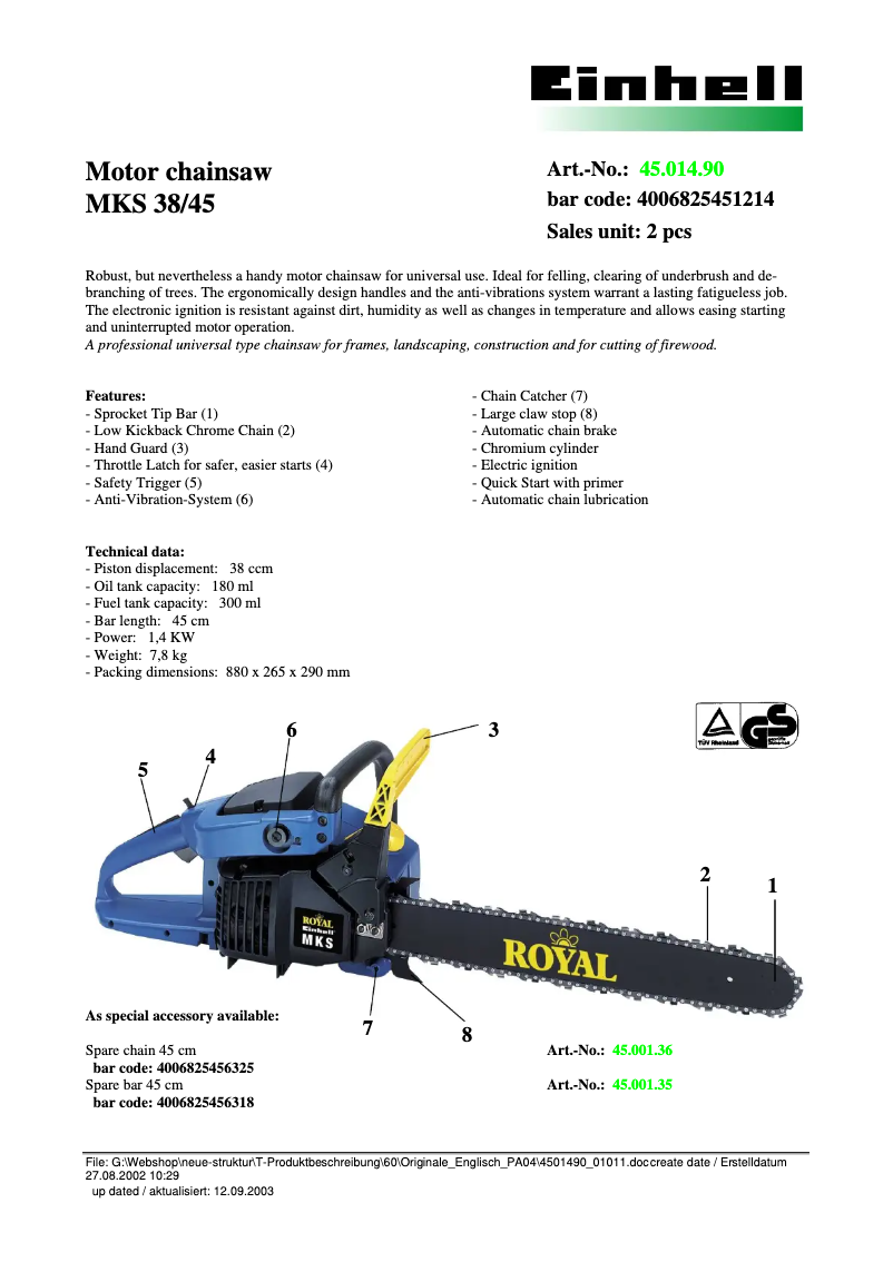 Image de la première page du manuel de l'appareil Royal MKS 38/45