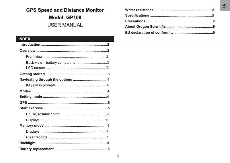 Page 1 de la notice Manuel utilisateur Oregon Scientific GP108