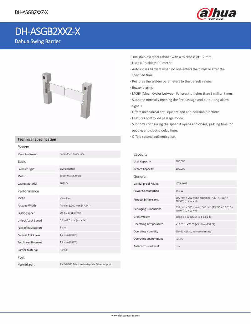 Page 1 de la notice Fiche technique Dahua Technology ASGB2XXZ-X
