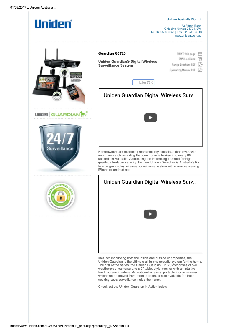 Page 1 de la notice Manuel utilisateur Uniden Guardian G2720